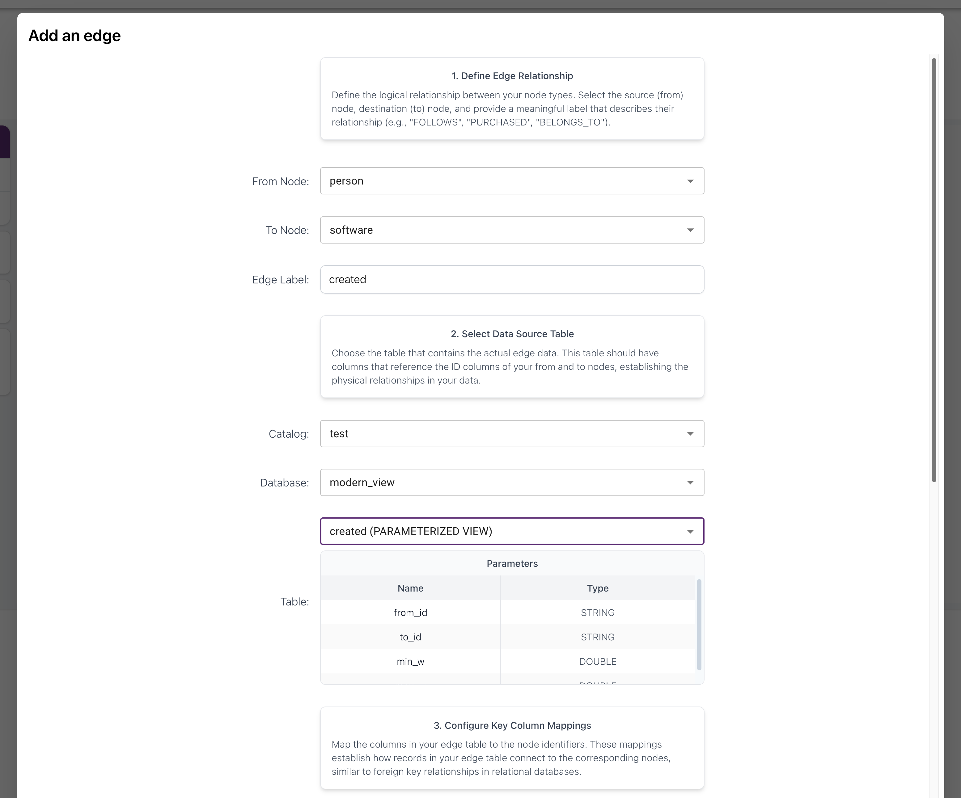 Schema Builder screen selecting the created view for an edge