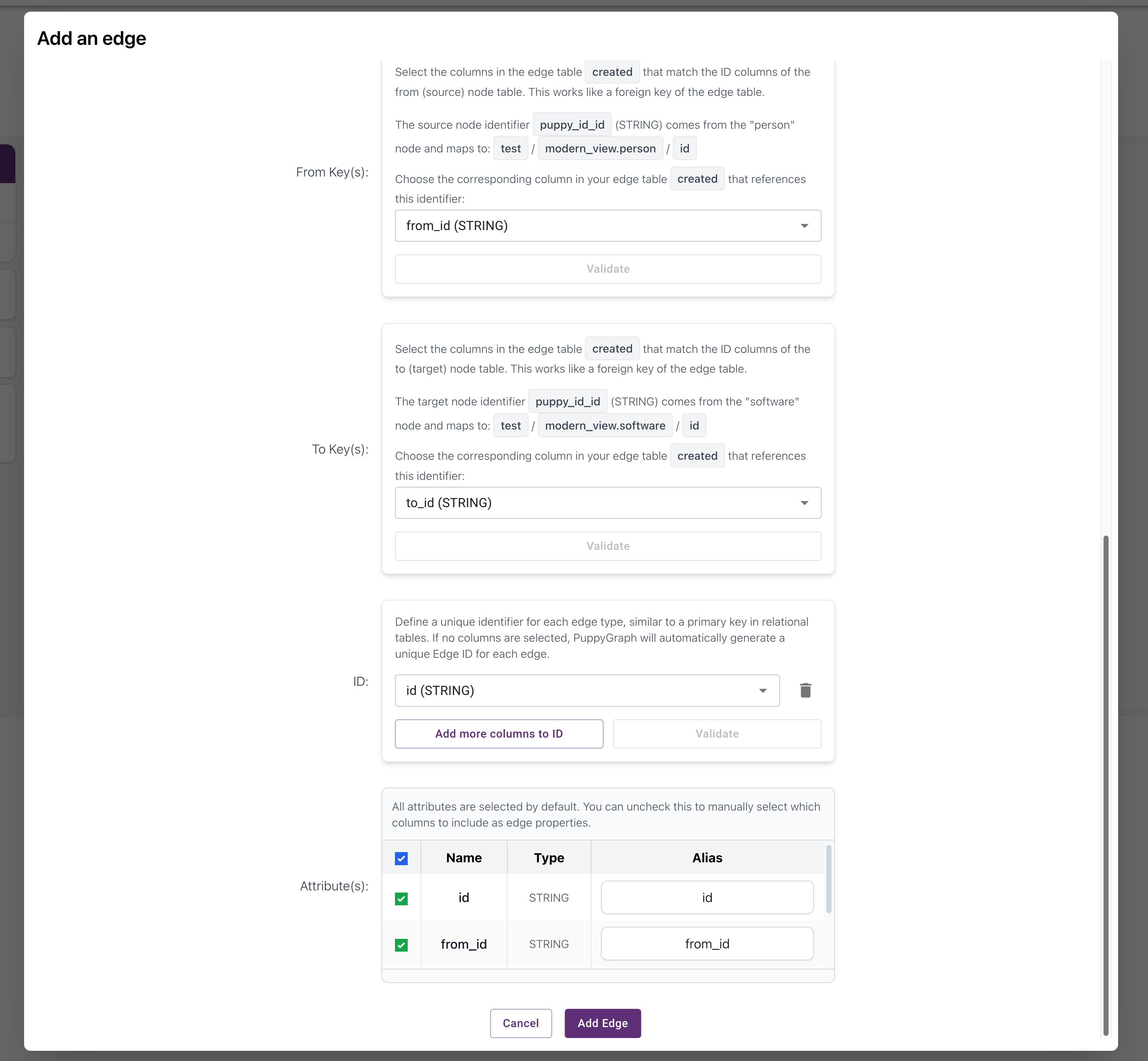Schema Builder screen defining source and target vertices for the created edge