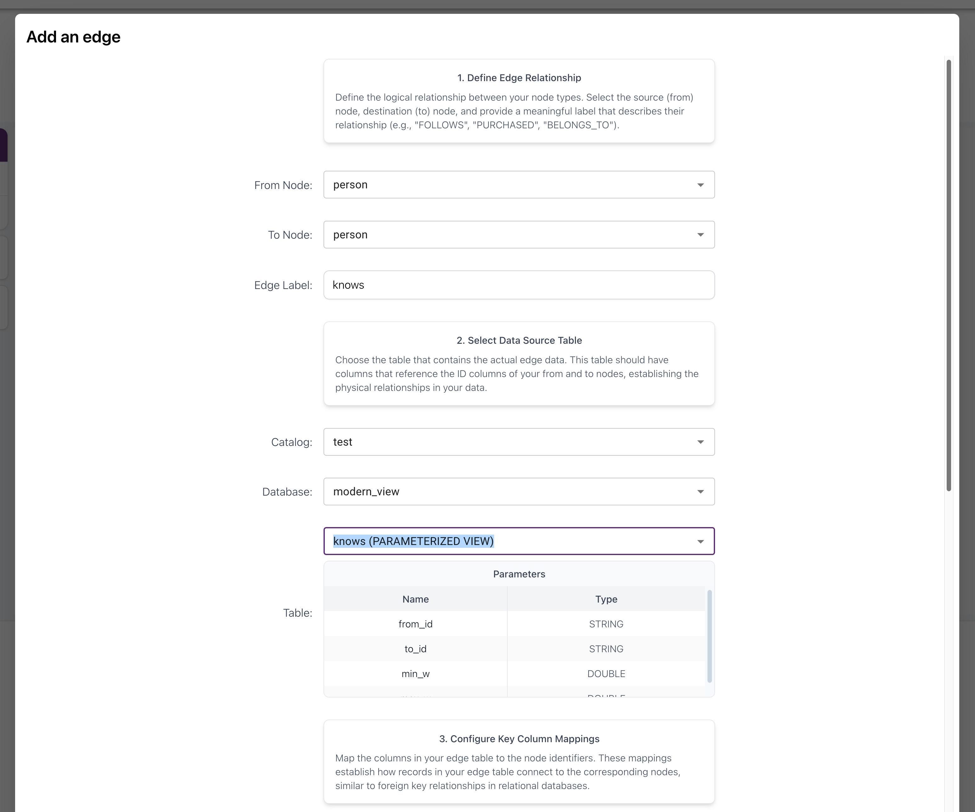 Schema Builder screen selecting the knows view for an edge
