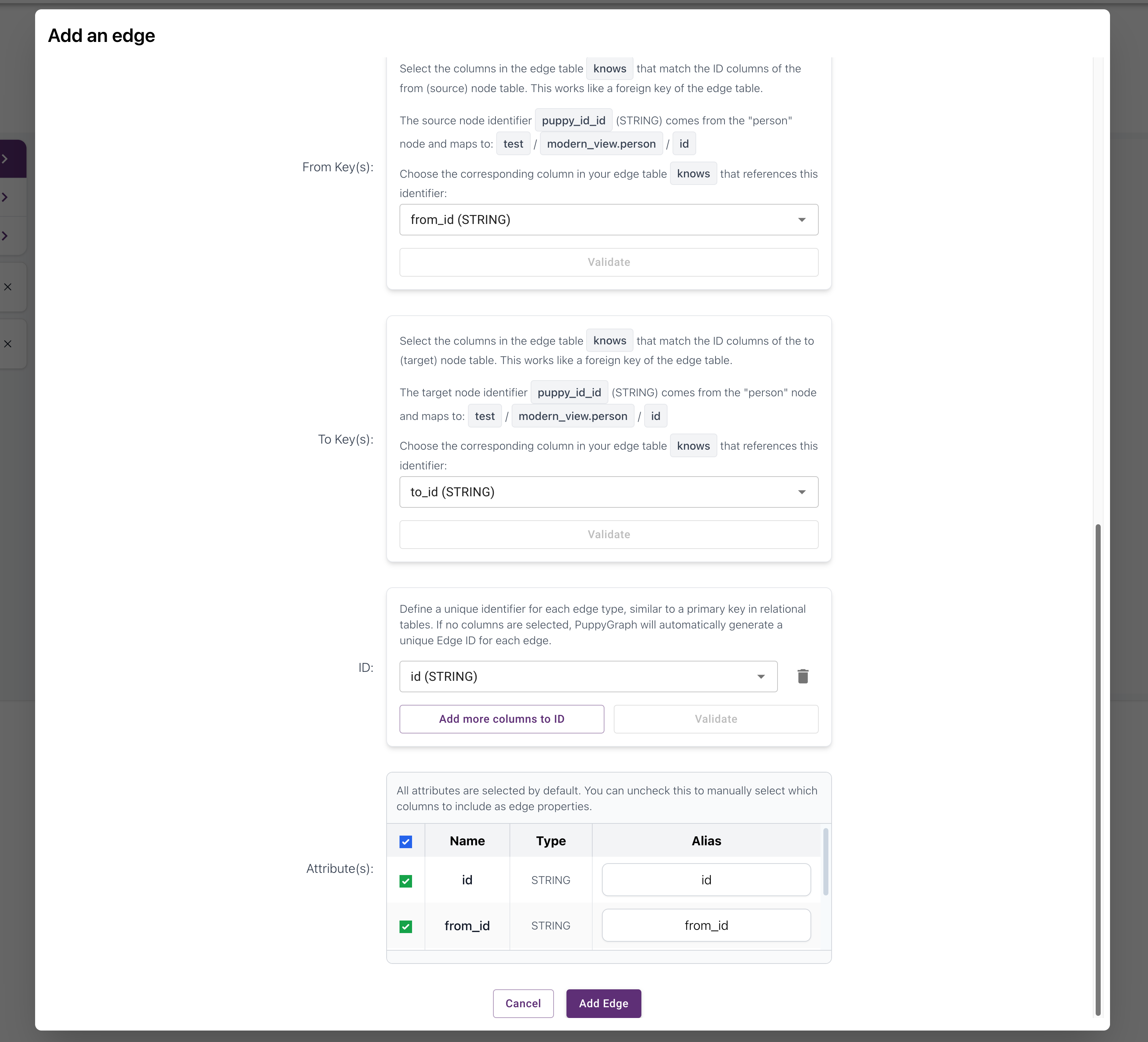 Schema Builder screen configuring source and target vertices for the knows edge