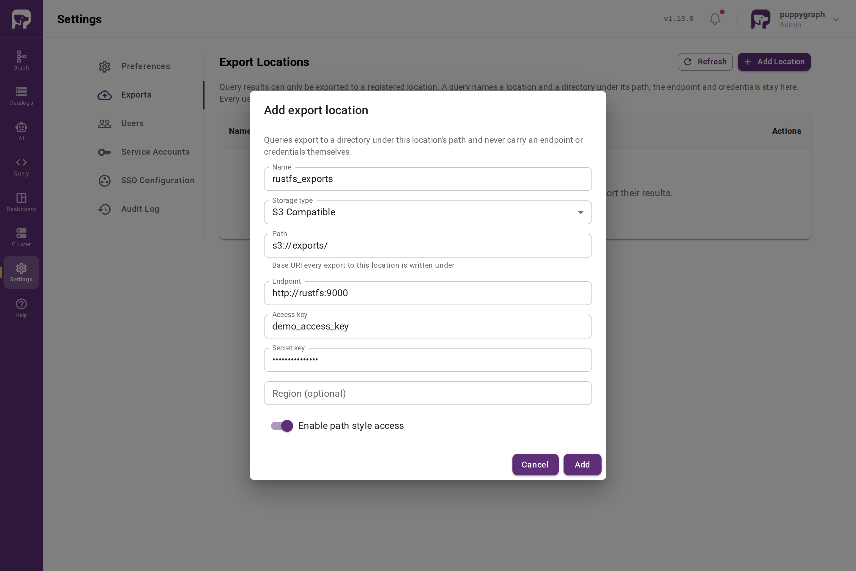 Add export location dialog configured for RustFS