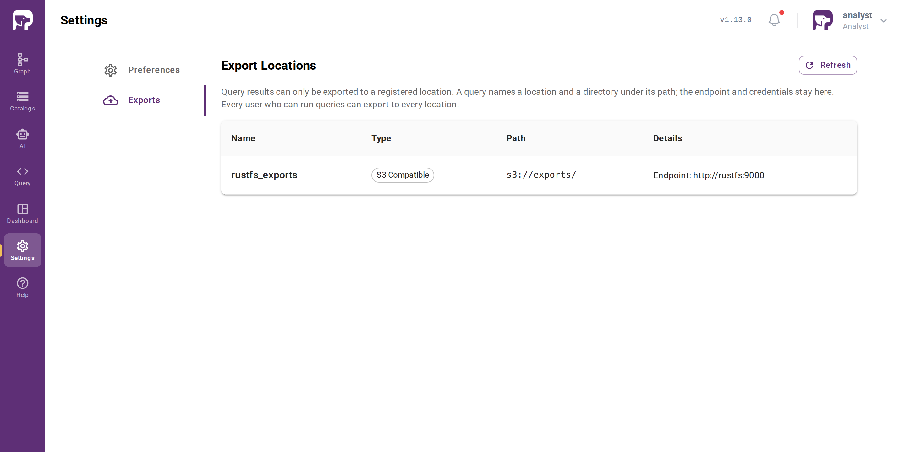 Read-only Exports tab without add, edit, or delete controls
