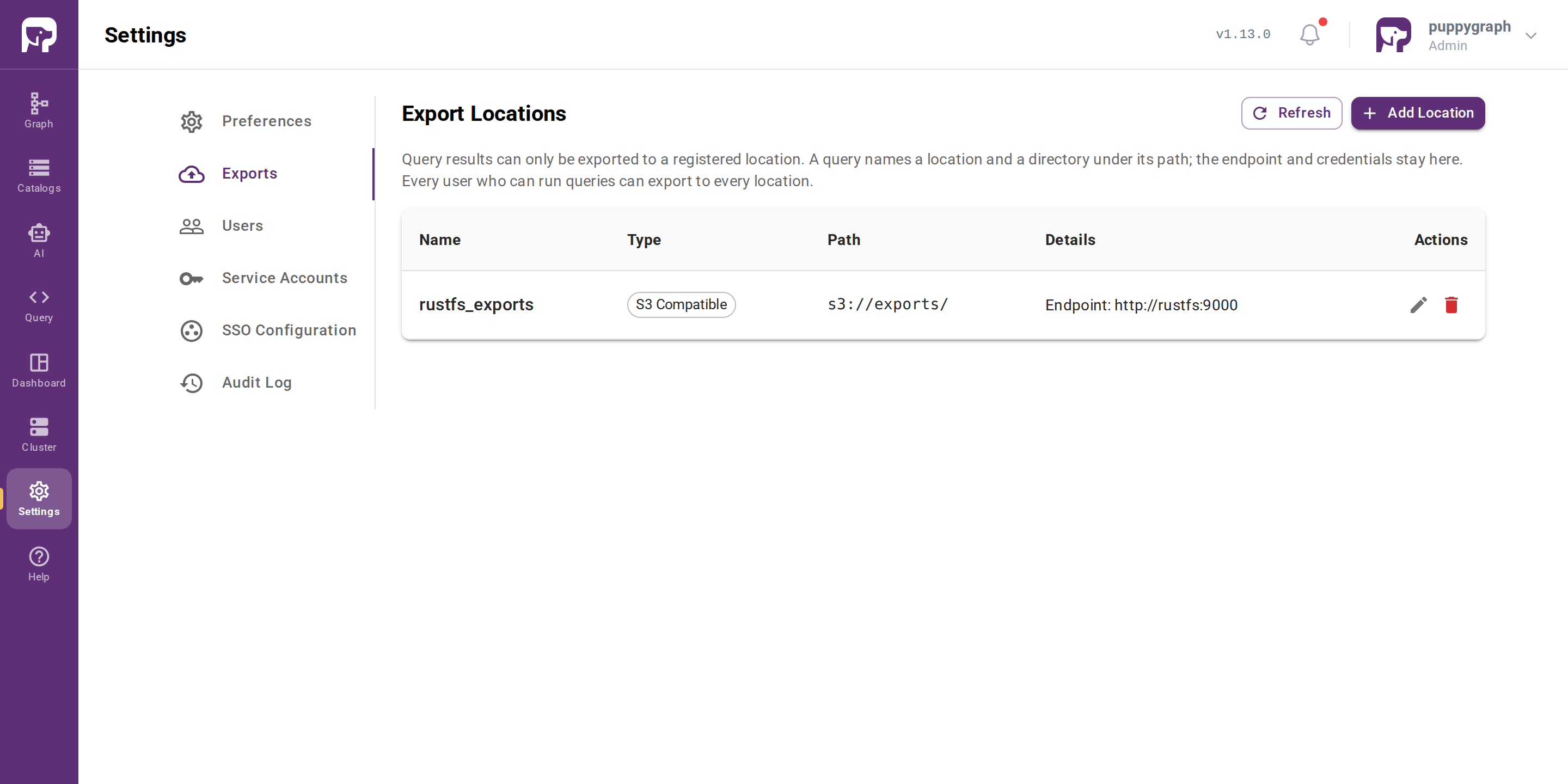 Exports tab listing the rustfs_exports location and its base path