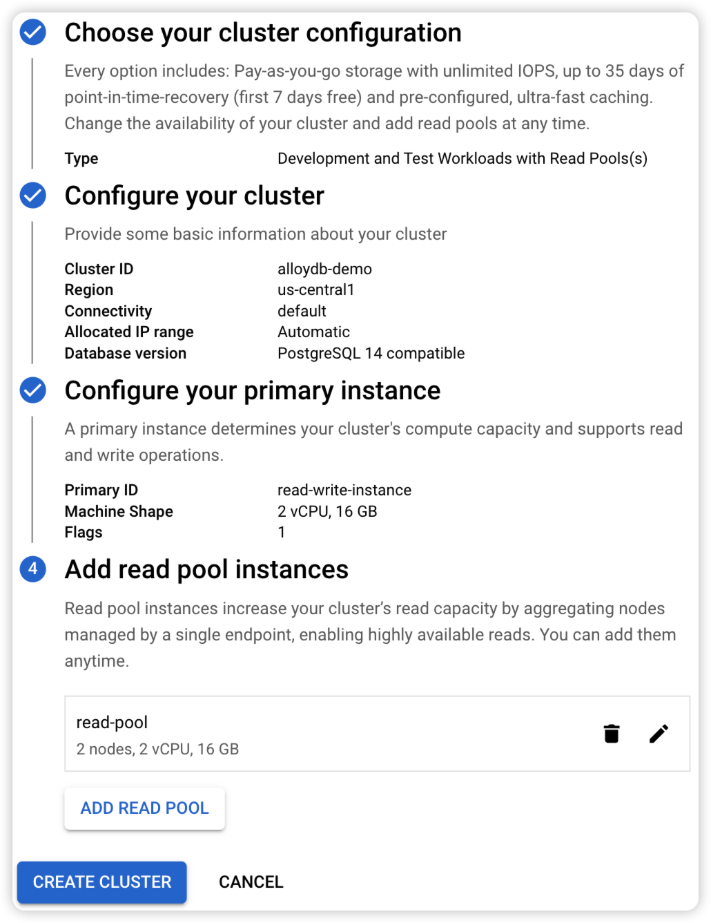 An overview of the cluster to be created