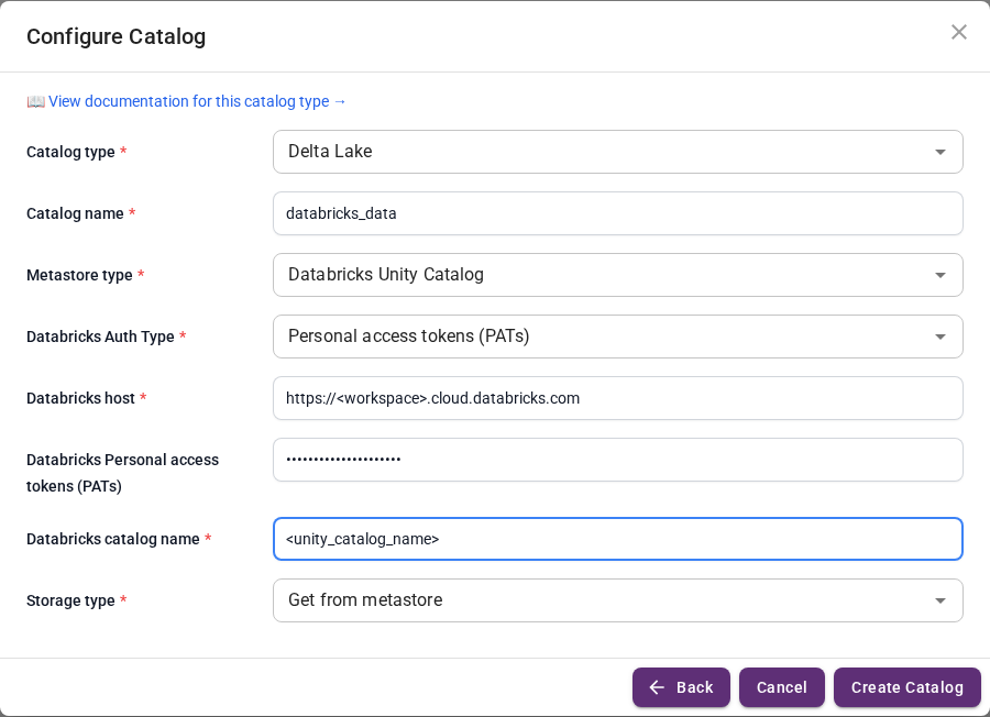 Databricks Delta Lake catalog form
