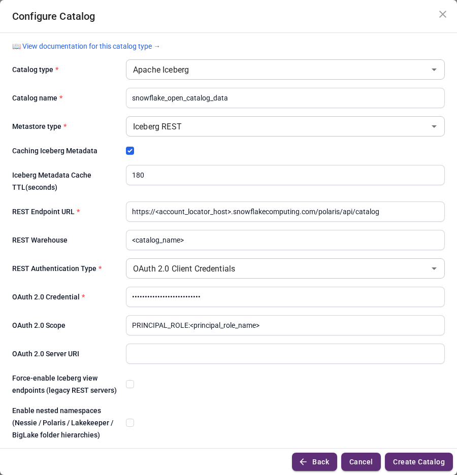 Iceberg REST catalog form for Snowflake Open Catalog