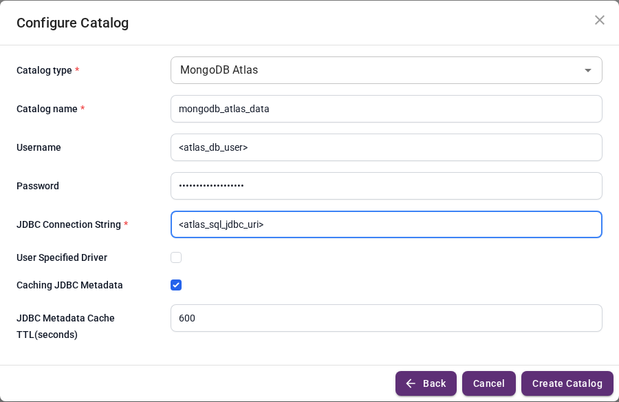 MongoDB Atlas catalog form
