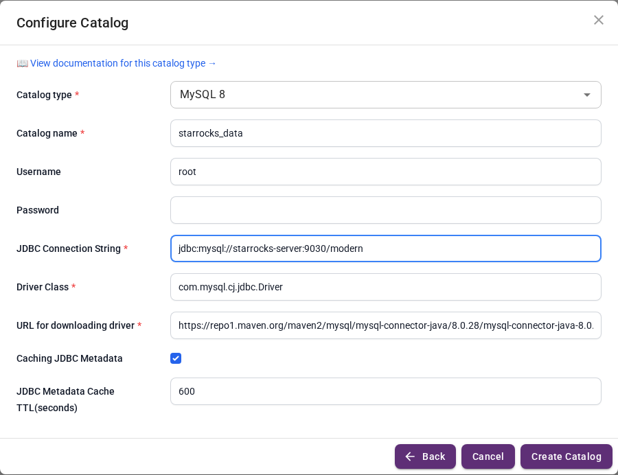 MySQL-compatible catalog form