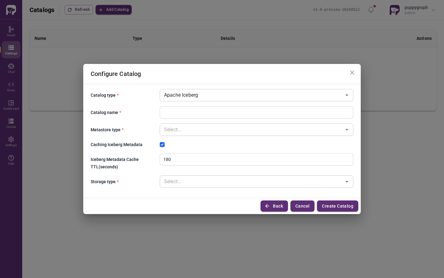 Configure Catalog dialog with Apache Iceberg selected