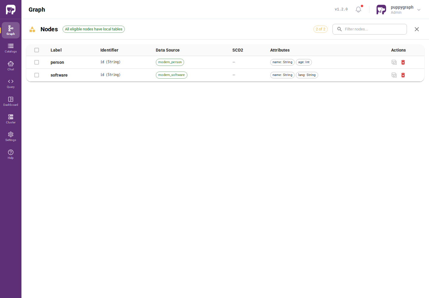 Nodes view listing the person and software node types
