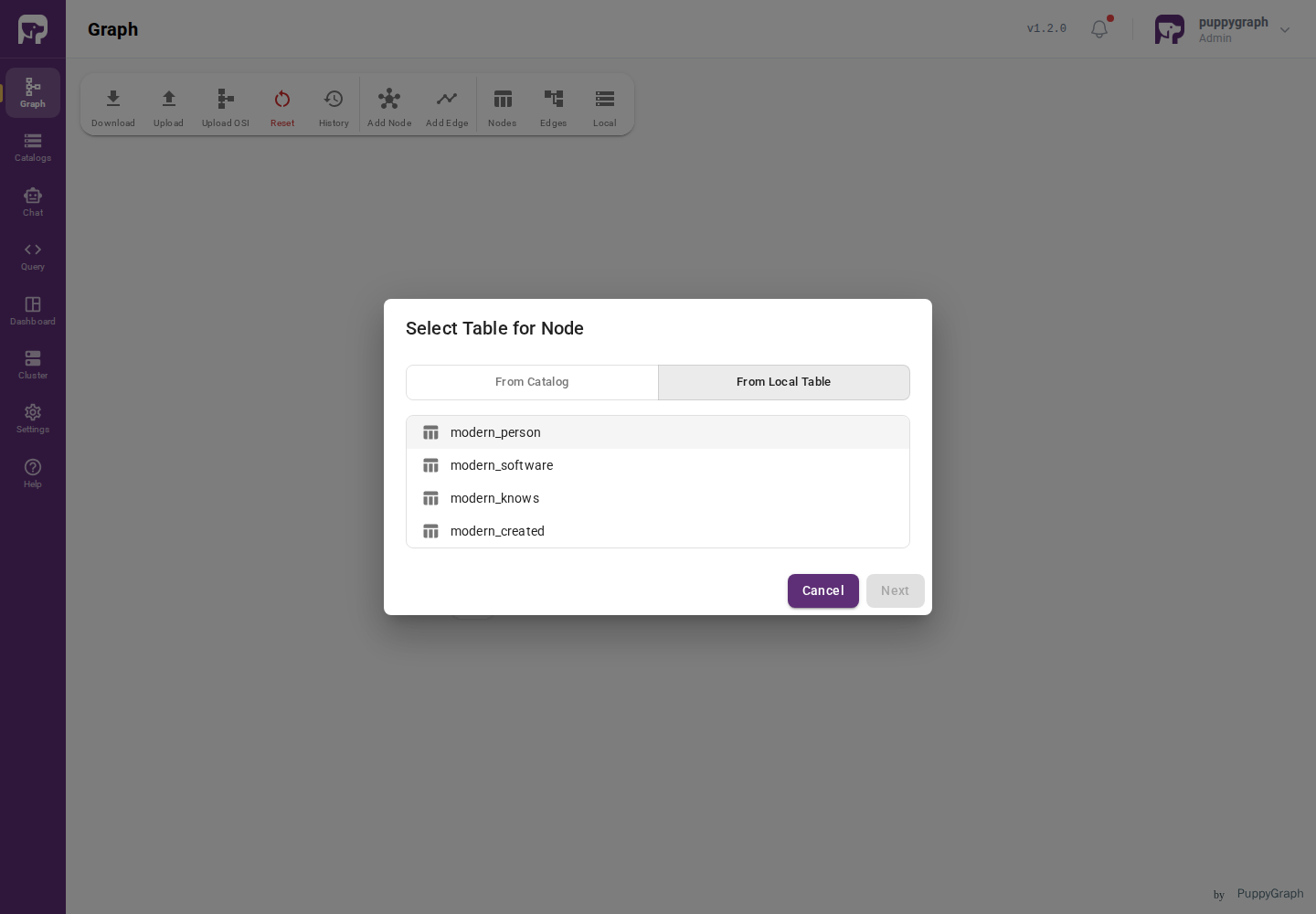 Select Table for Node dialog showing the From Local Table tab