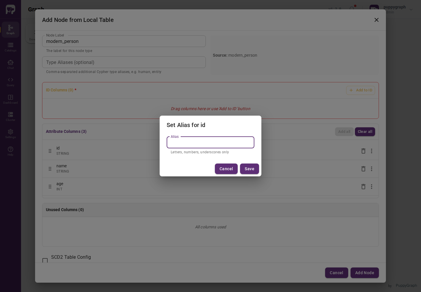 Set Alias dialog for the id source column